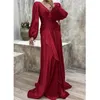 Casual Kleider Elegante Frauen Satin Slik Kleid Herbst Einfarbig V-ausschnitt Laterne Hülse Geraffte Schlanke Taille Big Saum Bodenlangen party