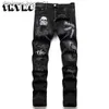 Męskie dżinsowe haft czaszki rozryte chude dżinsy Y2K Jean High Street Punk Streetwear Pants Men Slim Elast Elaste Pencil Mantnes Ropa New L231129