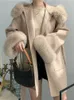 Pele feminina pele sintética OFTBUY Oversize Senhoras Outerwear 2023 Casaco de pele real Jaqueta de inverno Mulheres Natural Fox Fur Collar Algemas Capuz Cashmere Lã Lã 231129