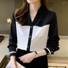 Women's Blouses Black And White Stitching Chiffon Shirt Autumn 2023 Fashion Temperament Ladies Blouse Professional Tooling Long-sleeved Tops