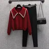 Women's Two Piece Pants Black Set Women Beaded Sweater Long Sleeve Tops And Pencil Sets Fashion Casual Korean Ladies Suits 2023