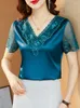 Damesblouses mode elegant satijnen kanten blouse zomer borduurwerk m-4xl korte mouwen tops stiksel dameskleding shirt 19128