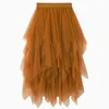 Skirts Spring Irregular Cakee Layered Long Mesh Skirt Candy Color Violet Mustard Tiered Tulle 10 Colors