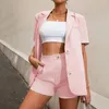 Mulheres Tracksuits Primavera Verão Moda Sólida Blazer Duas Peças Set Mulheres Botão Manga Curta Jaqueta Bolso Shorts Elegantes Senhoras de Negócios