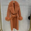 Женское полушерстяное длинное женское полушерстяное пальто с большим воротником из натурального лисьего меха, модная тонкая зимняя шерстяная куртка с поясом, верхняя одежда с манжетами из лисьего меха 231129
