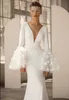 Elegant sjöjungfru bröllopsklänningar v hals 3d blommor brudklänningar vestido novia puff långärmad brud klänning