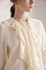 Kvinnor Blusar Top End Women Fashion Silk Long Sleeve Blue Elegant Lady ol All Match Single Breasted Scarf Collar Tops Shirt