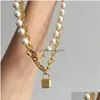 Anhänger Halsketten Titan mit 18 Karat Gold Faux Pearl Layered Lock Statement Halskette Edelstahl Schmuck T Show Party Runway Boho Jap Dhhnr