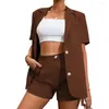 Kvinnors träningsdräkter Spring Summer Fashion Solid Blazer Tvåverk Set Women Button Kort ärm Jacka Pocket Shorts Elegant Business Ladies