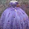 Lavanda brilhante vestido de baile quinceanera vestidos fora do ombro 3d flores apliques miçangas espartilho doce 16 meninas vestidos de festa de 15
