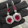 Charm Flower Ruby Diamond Dangle Earring 100% Real 925 Sterling Silver Wedding Drop Earrings For Women Brud Smycken