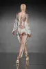 Stage Wear Mangas Compridas Branco Impressão Tassel Sexy Nude Macacões para Mulheres Drag Queen Party Cloing Stage Cantor Come Pole Dance Wearephemeralew