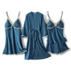 Women's Sleepwear 4PCS Lace Robe Gown Sets Womens Satin Nighty Bathrobe Nightgown Sleep Suit Bride Summer Wedding Kimono Nightdress