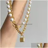 Anhänger Halsketten Titan mit 18 Karat Gold Faux Pearl Layered Lock Statement Halskette Edelstahl Schmuck T Show Party Runway Boho Jap Dhhnr