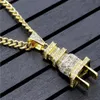 24K Gold Plated Iced Out Bling Men's Plug Pendant Necklace Plated Charm Micro Pave Full Rhinestone Cuban Chain Hip Hop Jewelr174R