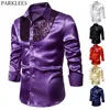 Camisas casuais masculinas roxo lantejoulas retalhos camisa de seda homens moda ocidental estilo menino cetim mens vestido camisas disco dança palco traje de baile 2xl 231128