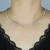 Chaînes 2mm mince CZ Tennis chaîne rose en forme de coeur cubique zircone goutte charme étincelles femmes mode collier ras du cou