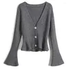 Women's Knits Flared Sleeve Knitted Cardigan Big V-neck Short Spring And Autumn Waist Temperament Small Fragrance Sweater Jacket