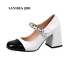 Sandaler S JRR Women High Heels Shoes Mary Janes Pumps Square Toe Retro Leather Sandals Black White Patchwork J230428