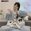 Kadın Placesmes Peluş Kalın Sıcak Pijama Flannel Kış Ev Giyim Seti Kadın Sonbahar Giyim Coral Velvet Sevimli 231129