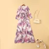 Vestido feminino o pescoço mangas compridas franzido floral impresso high street designer maxi vestiods