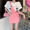 Skirts Summer Casual Women T-Shirt Fashion Love Letter Cartoon Loose Oversize Short-Sleeved Cotton Strap Skirt Mujer