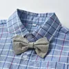 Conjuntos de roupas exportar crianças meninos estilo britânico suspender calças terno xadrez camisa de manga comprida conjunto de duas peças atacado