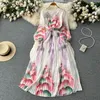 Vestidos casuales 2023 Francia Retro vestido suelto floral con cuello en V mangas largas linterna cinturón plisado una línea mujeres elegante maxi vintage sundress