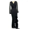 Etniska kläder svarta afrikanska klänningar för kvinnor 2024 Spring Autumn Mesh Sequin Slit Long Maxi Dress Robe Sexig Party Evening Cocktail