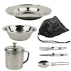 Camp Kitchen Edelstahl-Campingbesteck-Set, Outdoor-Geschirr, Picknick-Utensilien, Reisebesteck, Rucksackreisen, Klappgabel, Messer, Löffel, Teller, Schüssel 231128