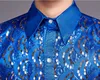 Men's Casual Shirts Shiny Royal Blue Sequin Satin Mens Dress Shirts Long Sleeve Slim Fit Glitter Nightclub Shirt Men Party Stage Prom Chorus Chemise 231128