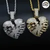 Personalizzato vero oro 18 carati diamante bling spezzato cuore cavo collana pendente uomo ghiacciato zirconi amanti gioielli hip hop 213D