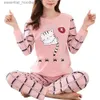 Salão de sono feminino inverno bonito dos desenhos animados gato impressão pijama conjunto feminino duas peças longo sle sleepwear roupa interior meninas conjuntos de pijama l231129