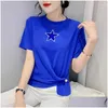 Dames T-shirt T-shirts 2023 Zomer Europese Stijl Mode Y O-hals Kralen Kruis Irregar Vrouwen Korte Mouw Tops Plover Tees Drop Del Dhhac