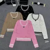 Дизайнерский свитер с V-образным вырезом Трикотаж Женский пуловер со стразами Трикотажные топы с длинными рукавами 4 цвета одежды