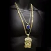 Pendentif Colliers Hip Hop Golden Crowned Jesus Head Iced Out Square Gem Crystal Collier Ensemble Chaîne Cubaine Drop Livraison Bijoux Pendan Dhwb3