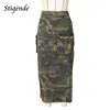 Faldas Stigende Mujeres Ejército Verde Ripped Irregular Falda Sexy High Split Camuflaje Empalmado Color Bolsillo Botón Largo Maxi