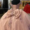 Pink Shiny Lace 3D Flower -applikationer quinceanera klänningar med bågkulklänningar tyll prinsessa söt 16 klänning snörning vestidos de 15