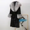 Fox Fur Collar Mink Fur Coat For Women Autumn Winter Jacket Belt Warm Long Tops Outerwear Overcoat Designer Black Womens Gifts For Christmas