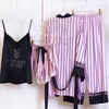 Womens Sleepwear Lace striped pajama set rhinestone womens satin kimono robe summer Vneck bathroom suspender and shorts 231129