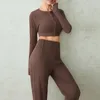 Zweiteilige Damenhose, solide Frühlings-Herbst-beiläufige Streetwear-Outfits, Frauen-Haken-Langarm-Crop-Tops, elastisches Set mit hoher Taille, tailliertes 2-teiliges Set