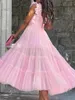 Casual jurken vrouwen zomer mouwloze tule lange jurk puffy mouw franje franje gesloten gelaagde ruches prinses prom ball jurk