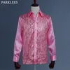 Men's Casual Shirts Red Silk Satin Men Shirt Sequin Wedding Party Men Dress Shirt Disco Stage Dancer Men Long Sleeve Fashion Patchwork Shirts Mens 231128