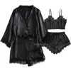 Sexy pijamas preto feminino pijamas cetim 4 peça rendas seda suspender topos shorts robe conjunto camisola roupa interior terno 231129