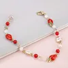 Strand Red Strawberry Flower Charm Bracelet Bangles Kawaii Shine Crystal Enamel Bracelets For Women Fruit Jewelry Accessory Girl Gifts