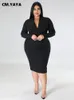 Tops CM.YAYA Plus Size Women Vneck Long Sleeve Bodycon Midi Bandage Dress 2022 Autumn Winter Curve Knee Length Dresses Vestidos