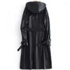 Women's Leather Autumn Black Long Trench Coat For Women With Hood Sleeve Belt Spring Waterproof Pu Raincoat