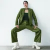 Kadınlar iki parçalı pantolon yeşil ceket setleri çentikli yakalı pu deri blazerler ceket düz pantolonlar sahte ceket takım elbise dişi pantolon