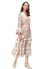 Women's Runway Dresses V Neck Long Lantern Sleeves Printed Tired Ruffles Lace Up Fashion Designer Vestidos
