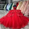 Rood glanzende quinceanera -jurken mouwloze kristallen lovertjes baljurk van de schouderapplique kanten korset vestidos para xv anos 15 de